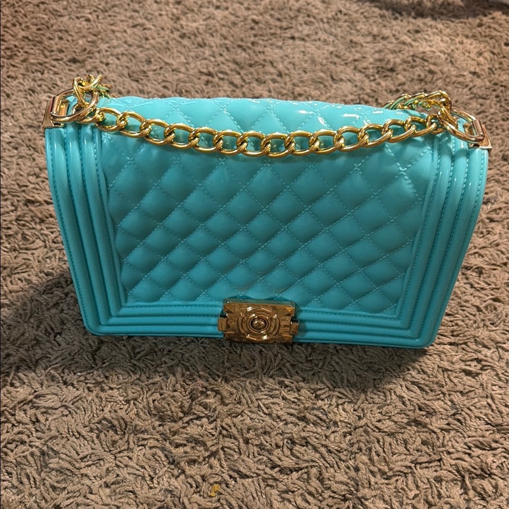 Jelly Quilted Turquoise Chain Shoulder Bag